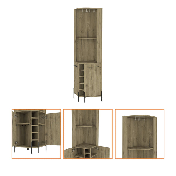 English Elm Macadamia 5-Bottle Bar Cabinet with 2 Shelves, 2 Doors & Cup Rack — Tall 70.8" Storage Unit, Macadamia Finish B062S00110