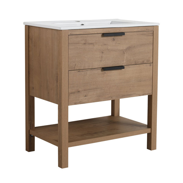 English Elm 30 30 Inch Bathroom Vanity Plywood with 2 Soft-Closing Drawers, Freestanding Wood Feet, Water-Resistant Melamine W99980936