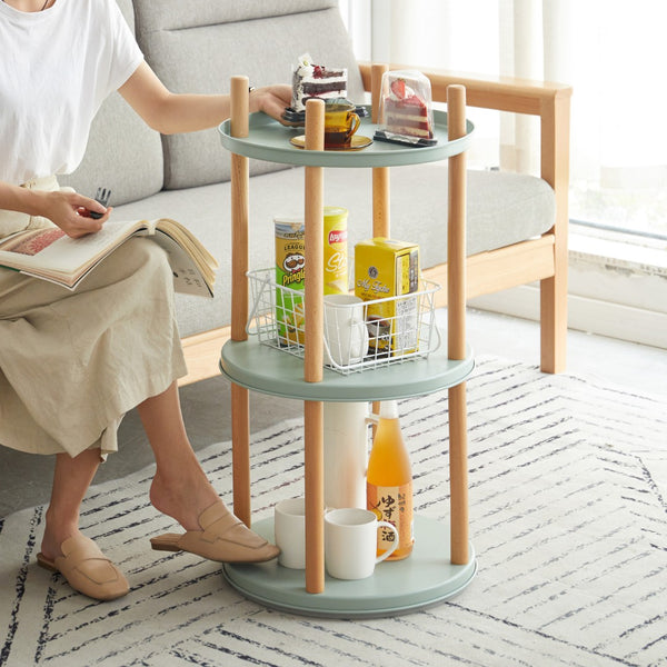English Elm Storage Shelf 3 Tier Rotating Bookcase Beech Wood and Metal Base for Any Room W128367496