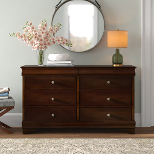 English Elm Brown Abbeville Louis Philippe Dresser in Cherry Finish with 6 Drawers, Hidden Storage & Bronze Knobs B01180912