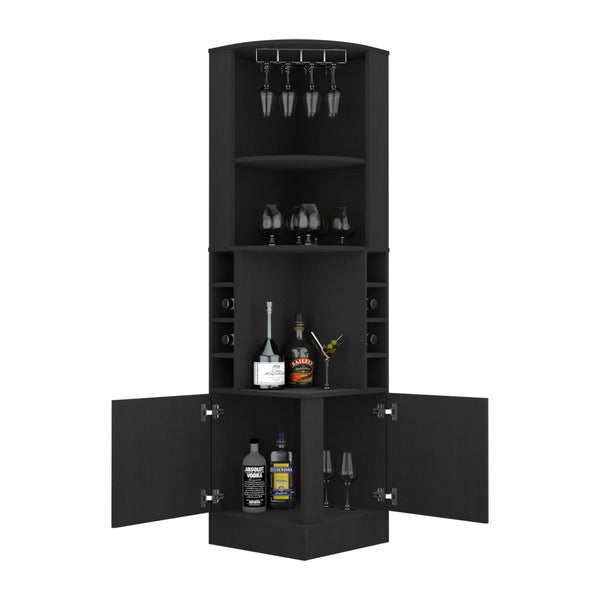 English Elm Jamesport Corner Bar Cabinet Wengue Finish with Glass Rack, 8 Wine Cubbies & 3 Shelves for Stylish Storage B062S00181