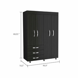 English Elm 3-Drawer Armoire Wenge on Wheels with 3 Drawers, 2 Cabinets, Hanging Rods & Spacious 68" Storage B062S00065