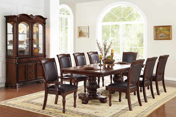 English Elm Majestic Royal Dining Set 9pc — Rubberwood Double Pedestal Table 66"+Leaf, Carved Floral Seats B011S00277