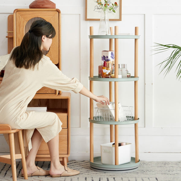 English Elm Storage Shelf Four Tier Rotating Bookcase Beech Wood and Steel Base for Any Room W128367499