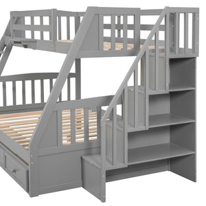 English Elm Twin-over-full Bunk Bed with Storage Staircase Drawers and Pine Wood Frame Gray LT000223AAE