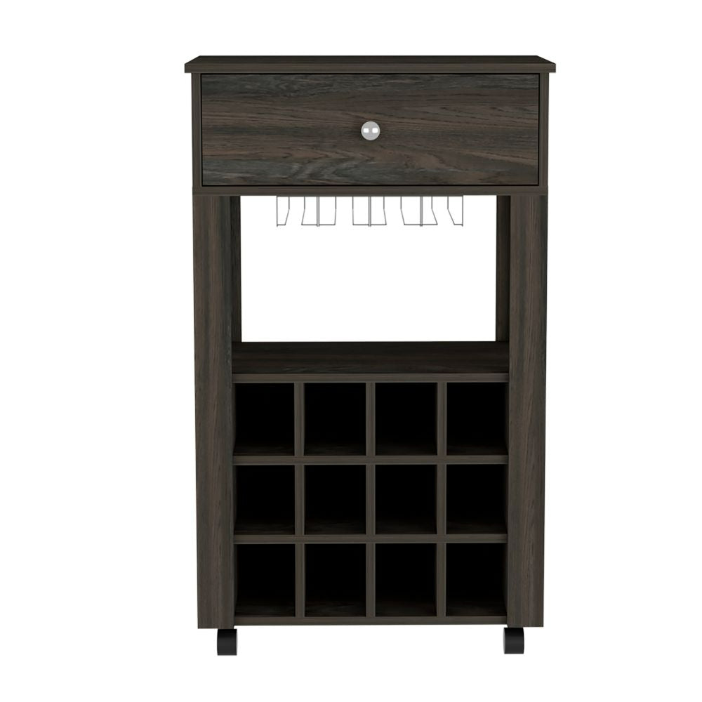 English Elm Espresso Carbon 12-Bottle Wine Cabinet with Drawer, Glass Storage & Casters for Modern Homes B06279977