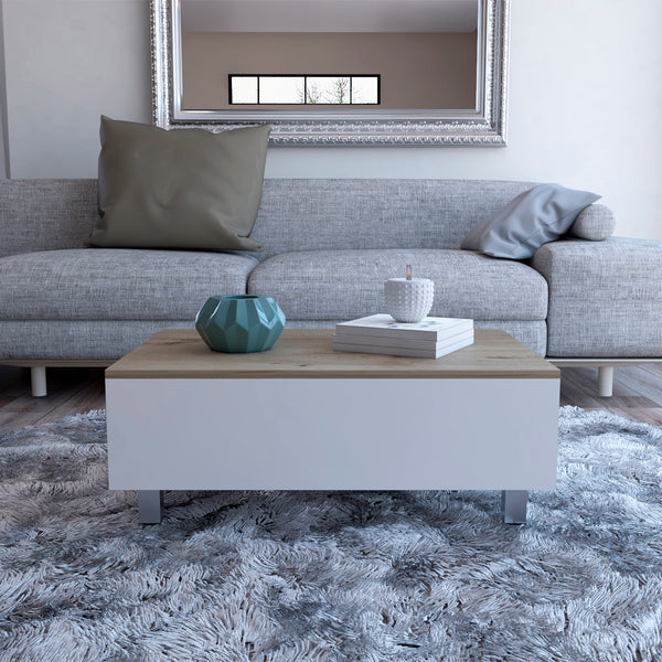 English Elm Tilton Lift-Top Coffee Table White Oak with Hidden Storage, Stainless Steel Legs, Locking Wheels B06280628