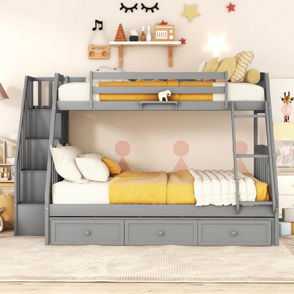 English Elm Twin-over-full Bunk Bed with Storage Staircase Drawers and Pine Wood Frame Gray LT000223AAE