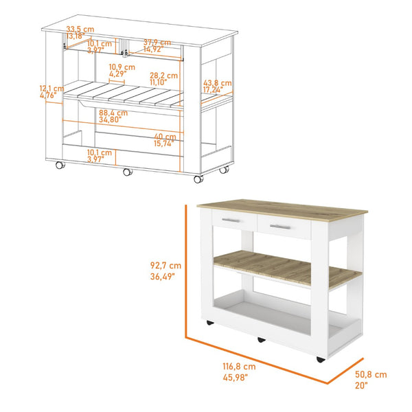 English Elm Rockaway Kitchen Island With 2 Drawers & Open Shelves - Stylish White & Light Oak Storage Solution B06280059-GIGA