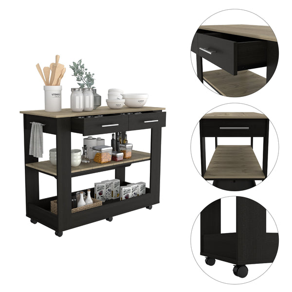 English Elm 2-Drawer Two-Tone Kitchen Island with 2 Shelves Plank-Style Storage Wenge & Light Oak Finish, Stylish Organizer B06280058