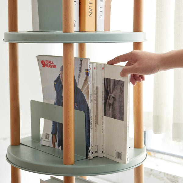 English Elm Storage Shelf 3 Tier Rotating Bookcase Beech Wood and Metal Base for Any Room W128367496