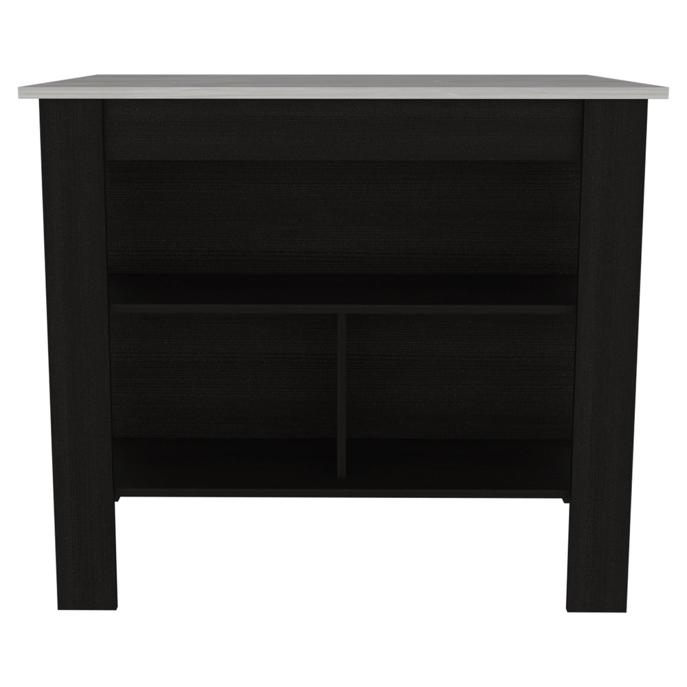 English Elm 3-Shelf Kitchen Island In Wenge Finish With Ibiza Marble Top For Stylish Storage And Prep Space B06280049
