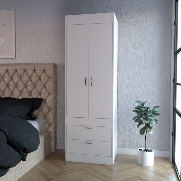 English Elm White 2-Drawer Armoire Slim Tall Closet Organizer with Hanging Rod & Shelves for Wrinkle-Free Storage B062P202117