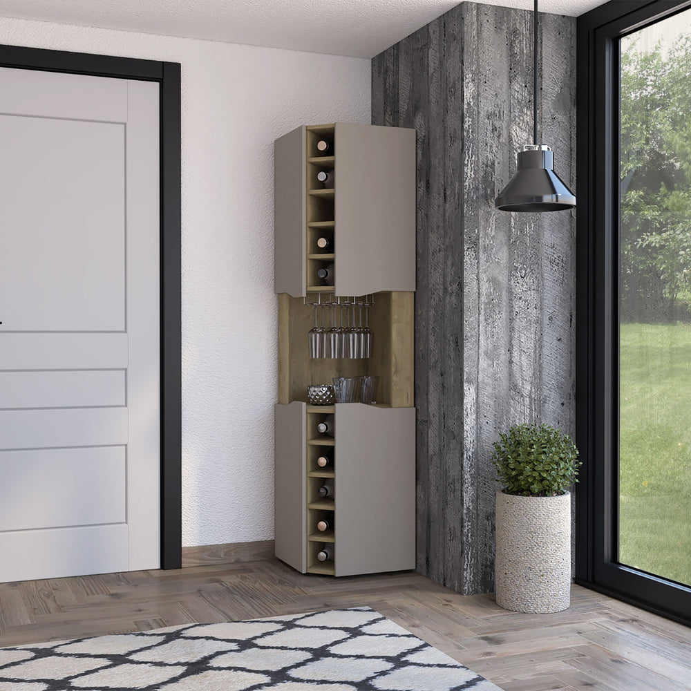 English Elm Macadamia 10-Bottle Bar Cabinet with Taupe Finish, 4 Doors, Cup Rack & Top Shelf for Stylish Storage B062S00076