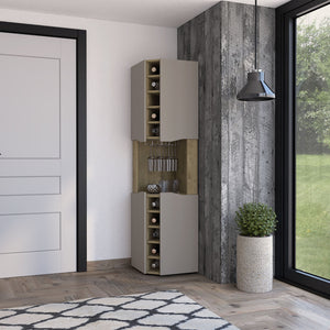 English Elm Macadamia 10-Bottle Bar Cabinet with Taupe Finish, 4 Doors, Cup Rack & Top Shelf for Stylish Storage B062S00076