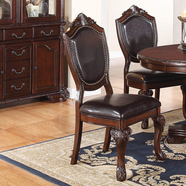 English Elm Formal Royal 9pc Dining Set with 66"+18" Leaf, Carved Floral Pedestal Table & PU Upholstered Chairs B011S00276