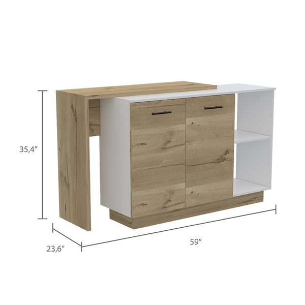 English Elm Chesterfield Rustic Melamine Kitchen Island 5-Shelf 1-Drawer 2-Door White Oak Look 59" Wide - Versatile Storage and Charming Design B062S00162