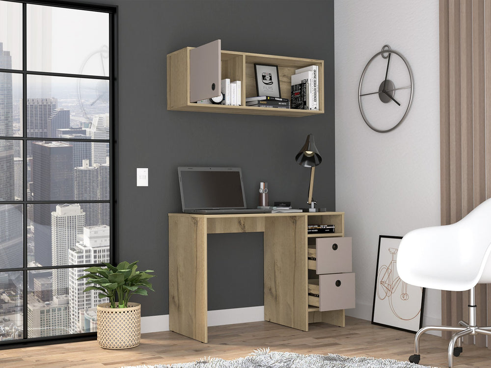 English Elm Light Oak Two-Piece Office Set with Desk & Wall Cabinet, 3 Drawers, 2 Shelves, Taupe Accent for Modern Home Office Spaces B062S00160