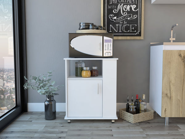English Elm Correy 4-Shelf Microwave Cabinet with Wheels, White Mobile Storage Cart with 5 Shelves & Door for Kitchen Organization and Stylish Countertop Space B06280096