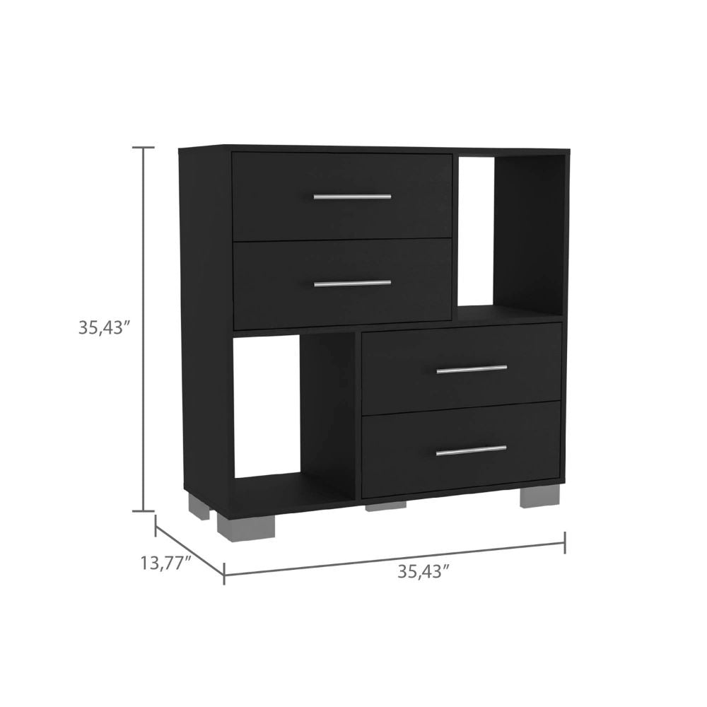 English Elm 2-Shelf 4-Drawer Dresser Wenge with Metal Handles, Compact 35.4" Modern Storage Cabinet for Bedroom Decor and Organization B06280608