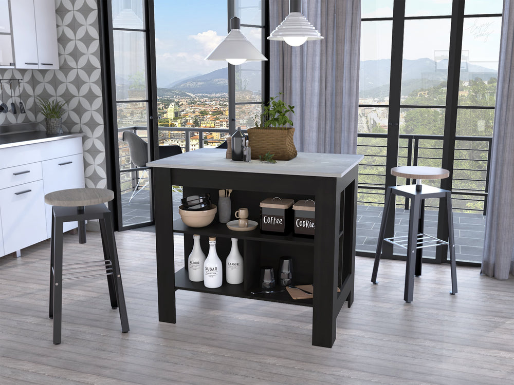 English Elm 3-Shelf Kitchen Island In Wenge Finish With Ibiza Marble Top For Stylish Storage And Prep Space B06280049