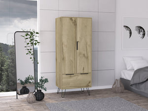 English Elm Light Oak Two-Door Wardrobe with Large Drawer, Hanging Rod & Shelf for Organized Bedrooms B062S00022