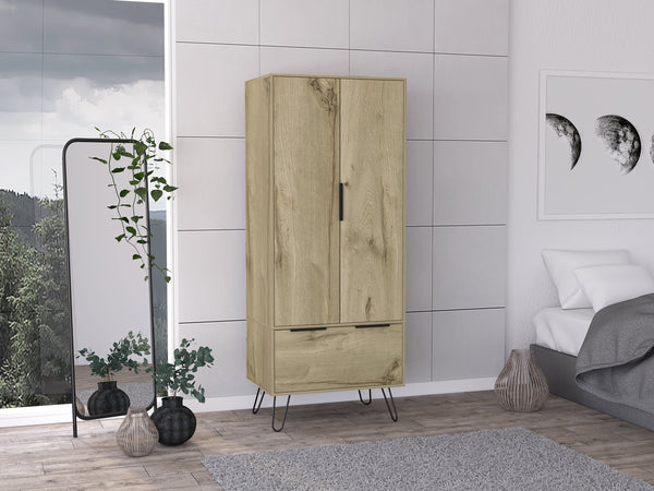 English Elm Light Oak Two-Door Wardrobe with Large Drawer, Hanging Rod & Shelf for Organized Bedrooms B062S00022