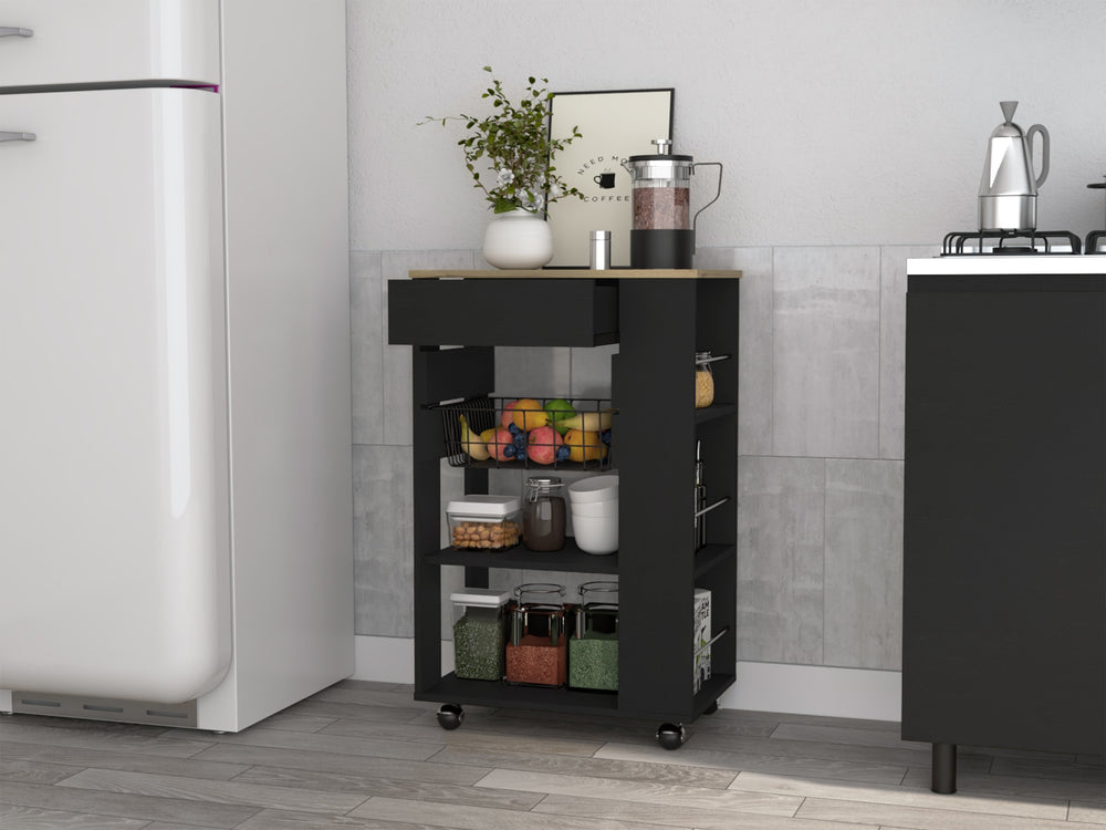 English Elm Wenge Kitchen Cart with 5 Shelves & 1 Drawer, Wengue and Light Oak Mobile Storage Cart with Wheels B062S00124