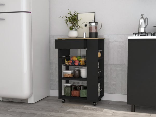 English Elm Wenge Kitchen Cart with 5 Shelves & 1 Drawer, Wengue and Light Oak Mobile Storage Cart with Wheels B062S00124