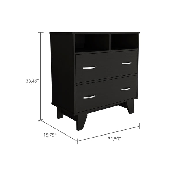 English Elm 2-Drawer Wengue Dresser with 2 Shelves and Raised Legs for Compact Bedrooms — Stylish Storage Solution B062S00103