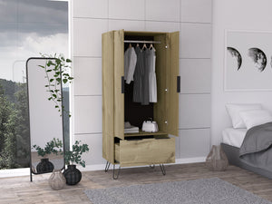 English Elm Light Oak Two-Door Wardrobe with Large Drawer, Hanging Rod & Shelf for Organized Bedrooms B062S00022