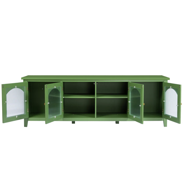English Elm 71-inch Antique Green TV Console Table with Solid Wood Frame, Changhong Glass Doors & Metal Handles — Stylish Media Center for Bedroom or Kids' Room (74.8x22.05x7.87) W67966833