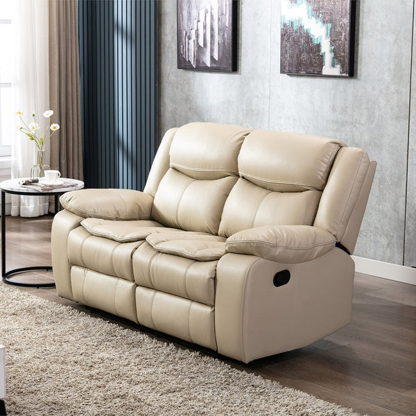 English Elm Breathable Cream Leather Manual Reclining Sofa - 3-Seater For Cozy Living Room Comfort & Style W79164348