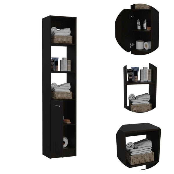 English Elm Wenge Tall Linen Cabinet 63.8" H Slim 5-Shelf Storage with 3 Open Shelves & Bottom Door for Bath B06280221