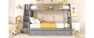 English Elm Twin-over-full Bunk Bed with Storage Staircase Drawers and Pine Wood Frame Gray LT000223AAE