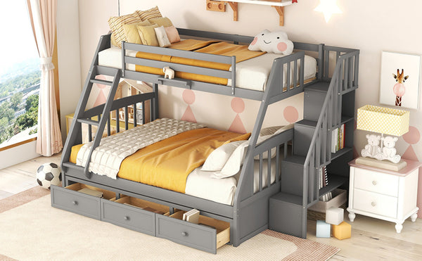 English Elm Twin-over-full Bunk Bed with Storage Staircase Drawers and Pine Wood Frame Gray LT000223AAE