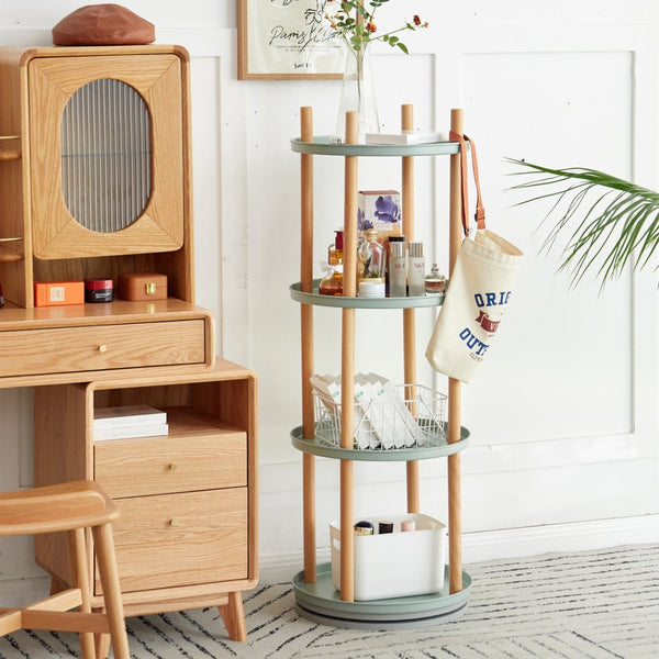 English Elm Storage Shelf Four Tier Rotating Bookcase Beech Wood and Steel Base for Any Room W128367499