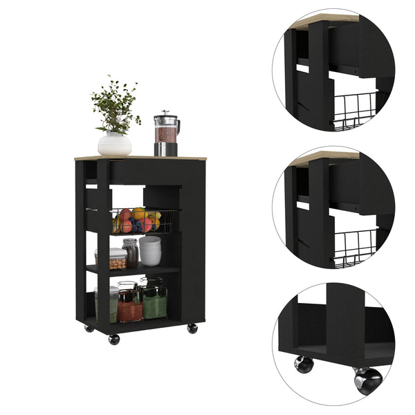 English Elm Wenge Kitchen Cart with 5 Shelves & 1 Drawer, Wengue and Light Oak Mobile Storage Cart with Wheels B062S00124