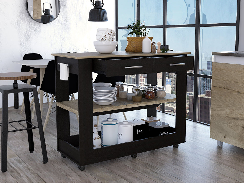 English Elm 2-Drawer Two-Tone Kitchen Island with 2 Shelves Plank-Style Storage Wenge & Light Oak Finish, Stylish Organizer B06280058