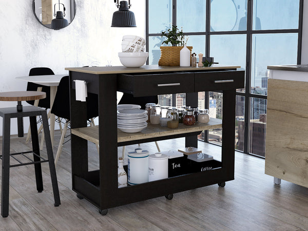 English Elm 2-Drawer Two-Tone Kitchen Island with 2 Shelves Plank-Style Storage Wenge & Light Oak Finish, Stylish Organizer B06280058