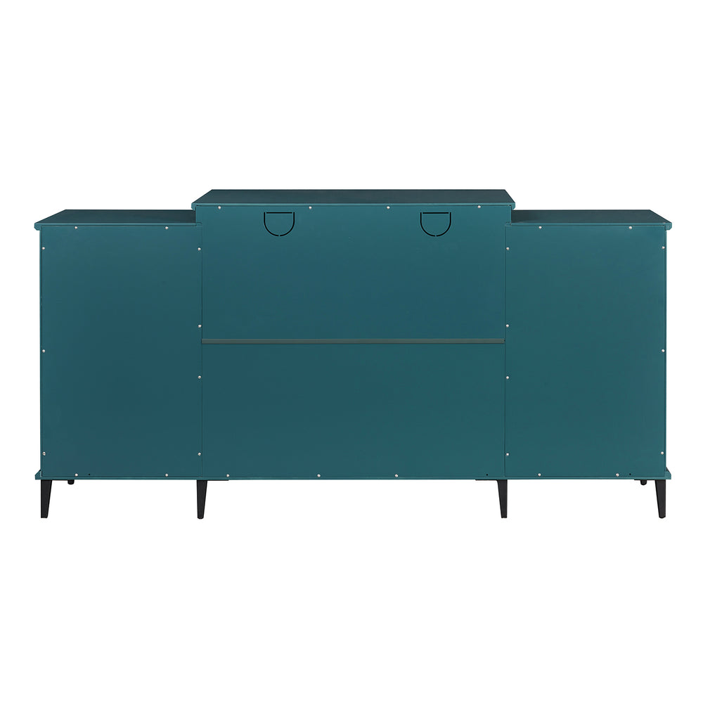 English Elm 62" Teal Blue Buffet Cabinet with Tempered Glass, Carved Doors, Adjustable Shelves & Anti-Tip Safety W96570022