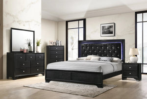 English Elm Modern Upholstered Queen LED Panel Bed with Faux Diamond Tufted Headboard and Glam Accent Lighting Black 82.2 L x 36.3 W x 4.76 H B011S00454