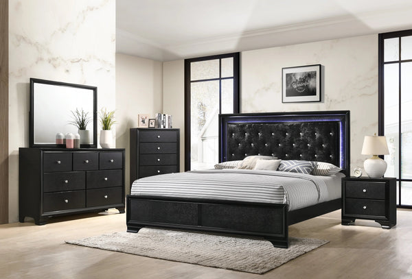 English Elm Modern Upholstered Queen LED Panel Bed with Faux Diamond Tufted Headboard and Glam Accent Lighting Black 82.2 L x 36.3 W x 4.76 H B011S00454