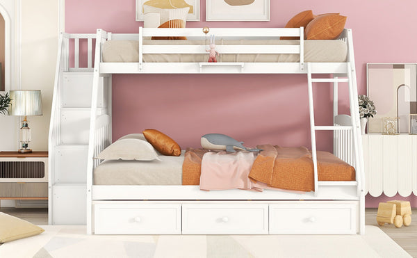English Elm Twin-over-full Bunk Bed with Storage Staircase Drawers and Pine Wood Frame LT000223AAK