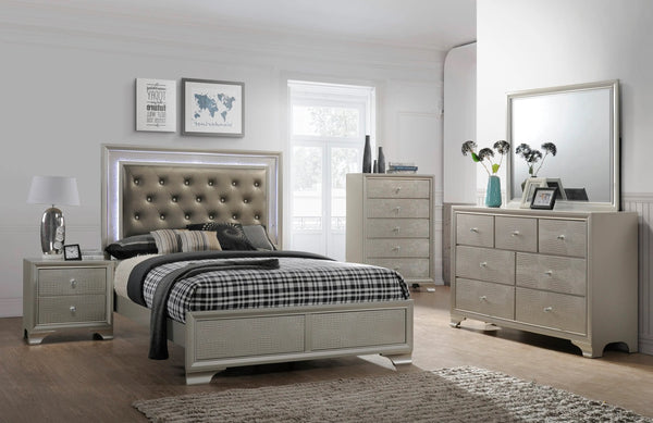 English Elm Modern Glam Crocodile Skin Finish Upholstered Queen LED Tufted Headboard Bed with Luxe Glow Champagne 61 L x 41 W x 6.5 H B011S00445
