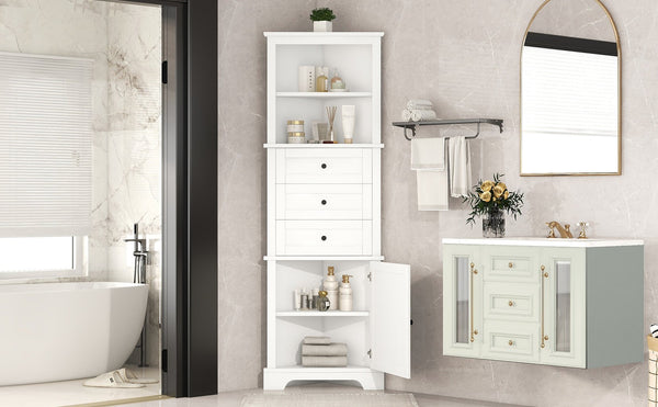 English Elm White Triangle Tall Cabinet 3-Drawer with Adjustable Shelves, Anti-Dump, MDF Painted Finish, Slim Corner Storage for Bathroom Kitchen Living Room N725P247409K