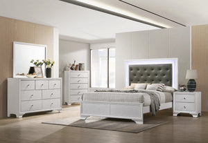 English Elm Modern Crocodile Skin Finish Upholstered Queen LED Panel Bed with Diamond Tufting and Glam Backlight White 68 L x 41 W x 6.5 H B011S00447