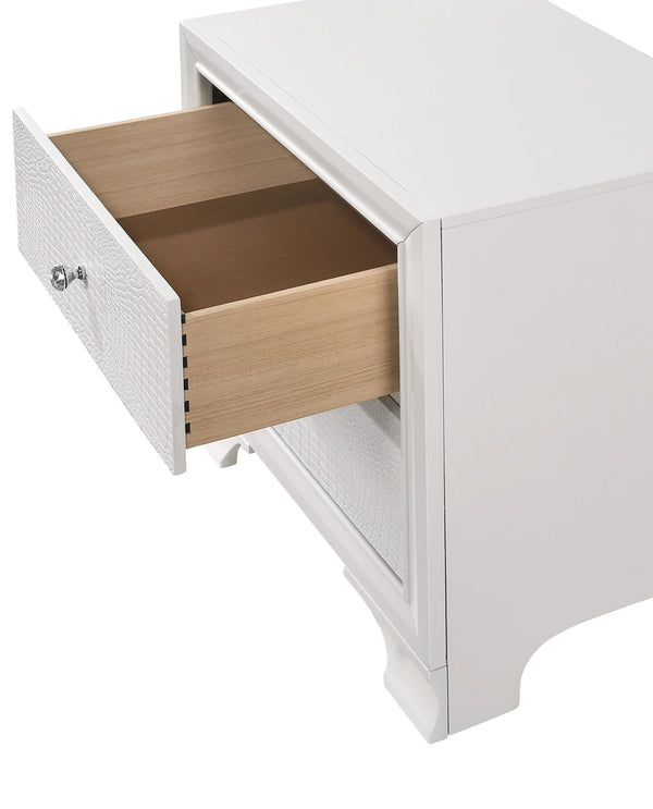 English Elm 1pc Glam Modern Nightstand with Embossed Crocodile Finish, Two Drawers, Dustproof Base & Buttons White 25.6 L x 18.4 W x 26.3 H B01181033