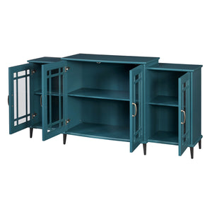 English Elm 62" Teal Blue Buffet Cabinet with Tempered Glass, Carved Doors, Adjustable Shelves & Anti-Tip Safety W96570022