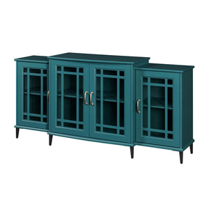 English Elm 62" Teal Blue Buffet Cabinet with Tempered Glass, Carved Doors, Adjustable Shelves & Anti-Tip Safety W96570022
